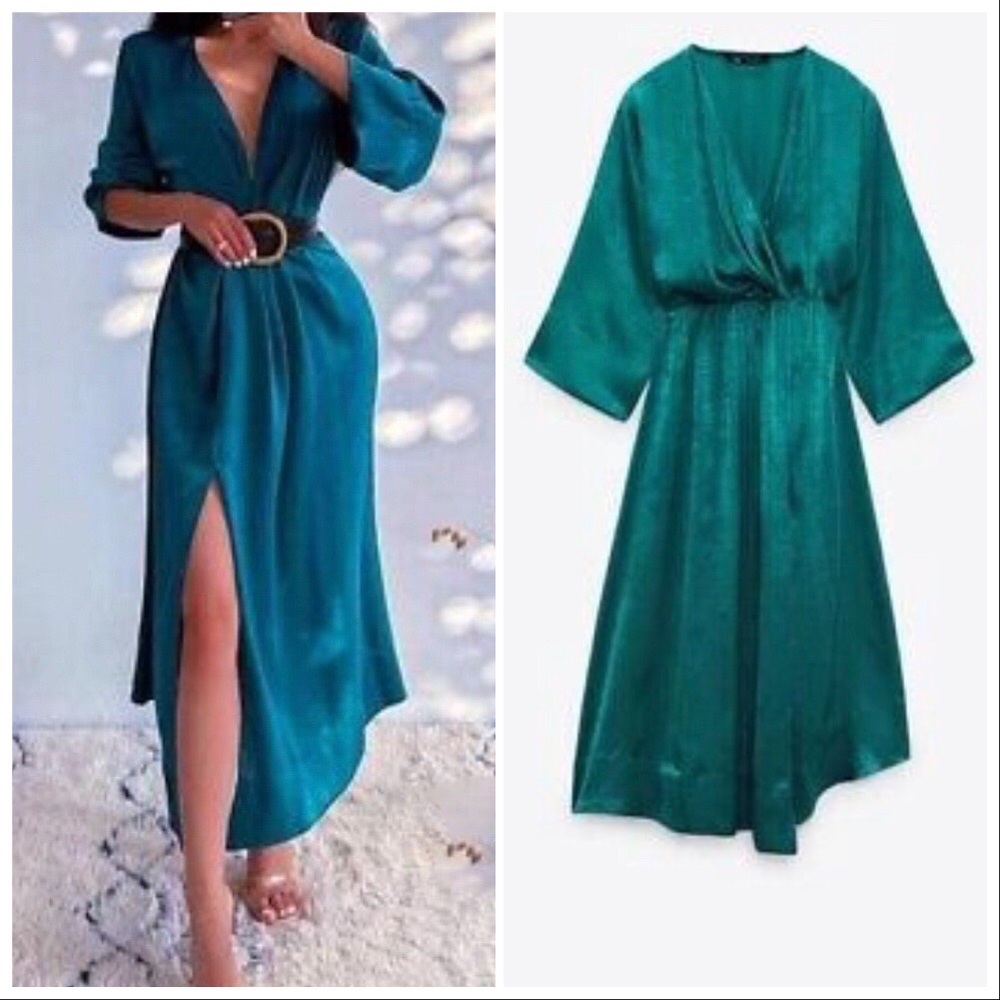 LAST size M NWT ZARA Duck green SATIN EFFECT MIDI DRESS